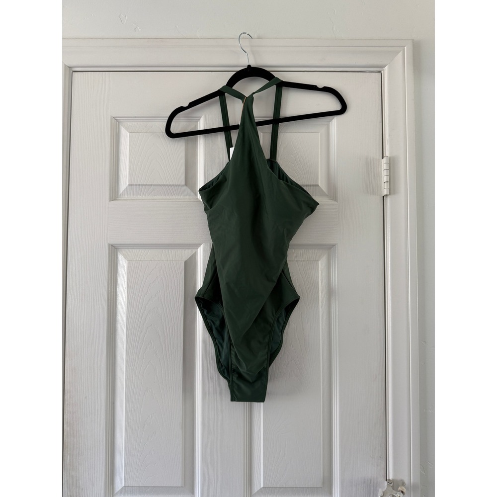 quince high neck one-piece swimsuit in palm green, women size medium